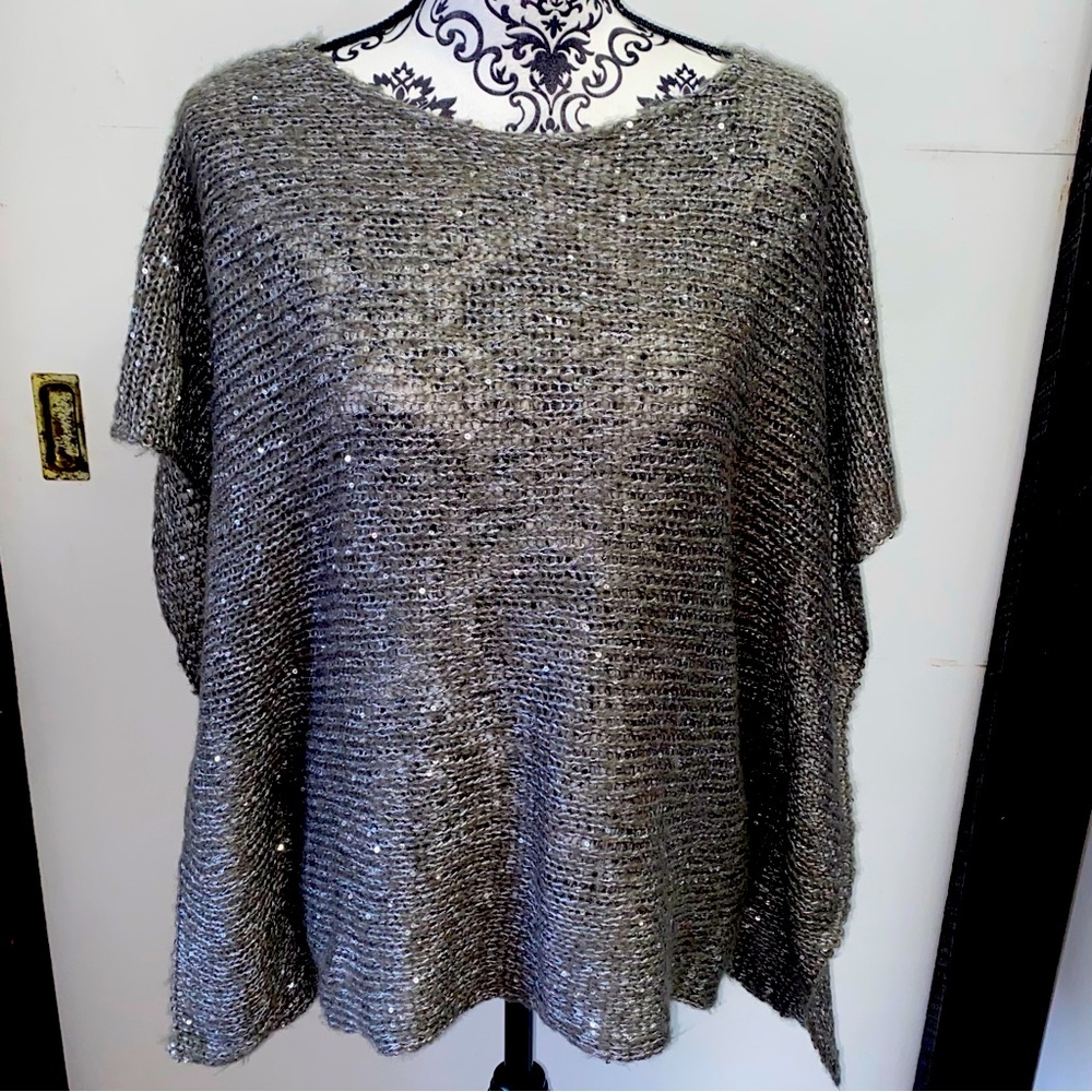 Noelle One Size Fits All Grey Knit Poncho Sweater with Silver Sequins